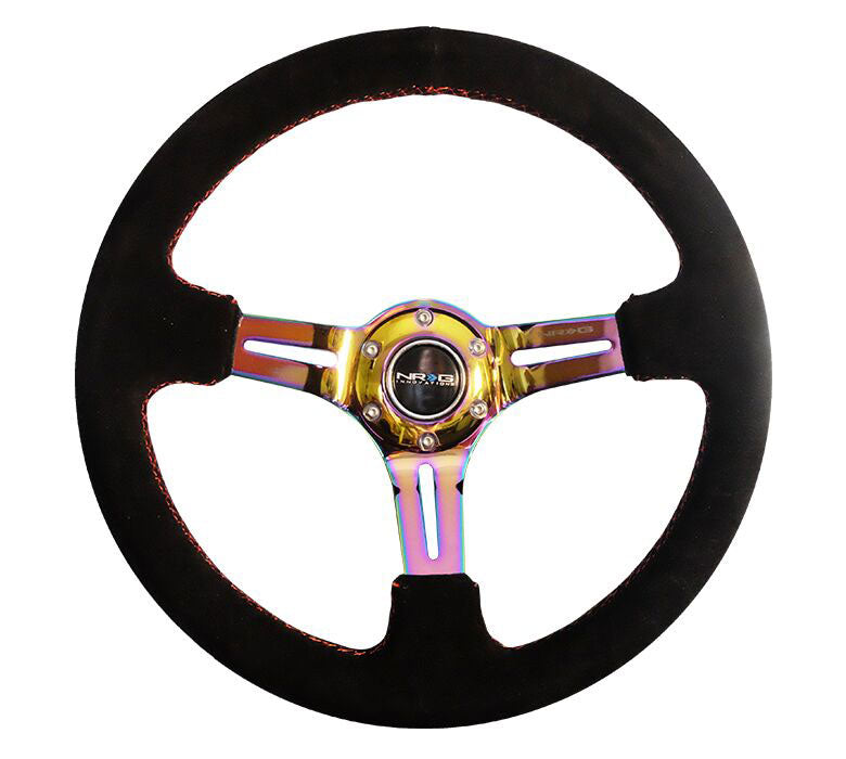 NRG - Reinforced Steering Wheel 350mm Sport Steering Wheel Suede (3" Deep) Red Stitch with slits in Neochrome Steering Wheels - 3 Spokes Suede-RST-018S-MCRS - RZCrewEurope