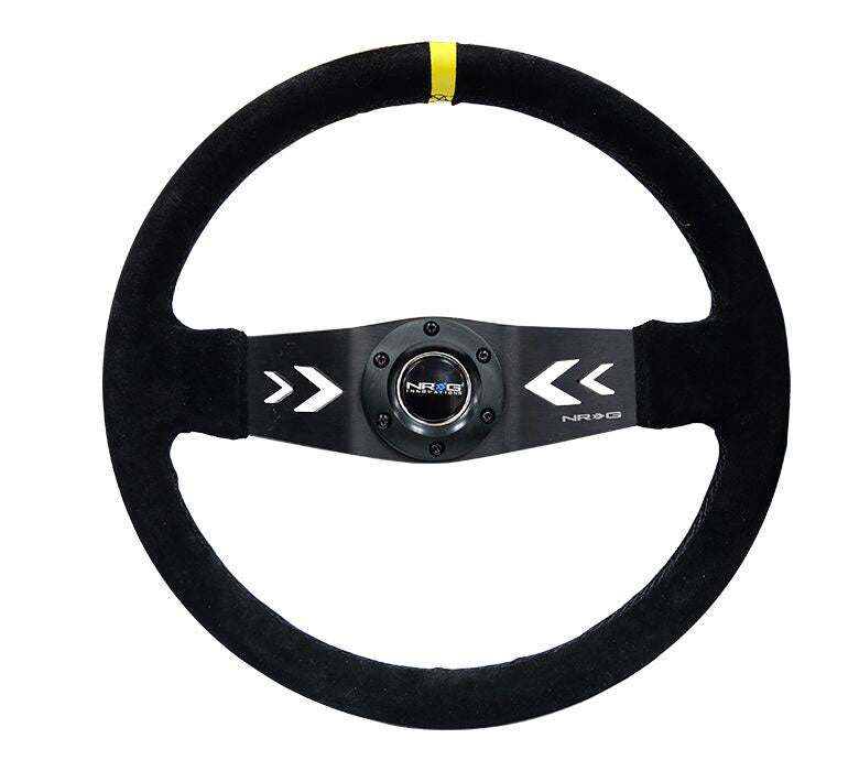 NRG - Reinforced Steering Wheel NRG Arrow cut out two spoke 350mm Sport Stereing Wheel Suede (3" Deep) Black Suede, yellow Center Marking,  Steering Wheels - 2 Spokes Suede-RST-022S-Y - RZCrewEurope