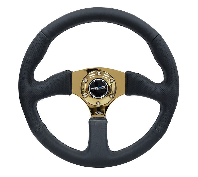 NRG - Reinforced Steering Wheel- 350mm Sport Leather Racing ( 2.5" Deep) Comfort Grip 4mm metal gold spoke Steering Wheels - 3 Spokes Leather-RST-023GD-R - RZCrewEurope