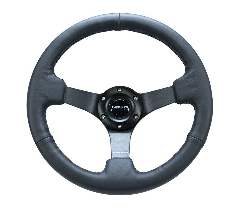 NRG - Reinforced Steering Wheel - 330mm Sport Leather Racing ( 3" Deep) Comfort Grip, 4mm matte black spoke with criss cross stitching Steering Wheels - 3 Spokes Leather-RST-033BK-R - RZCrewEurope