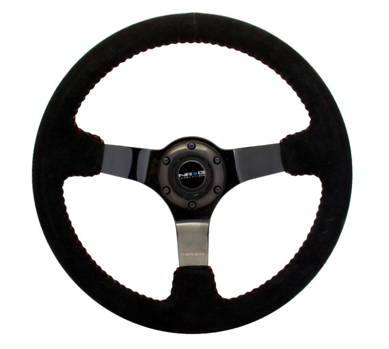NRG - Reinforced Steering Wheel - 350mm sport steering wheel (3' deep) black Suede with red baseball stitching - BLACK spoke Steering Wheels - 3 Spokes Suede-RST-036BK-S - RZCrewEurope