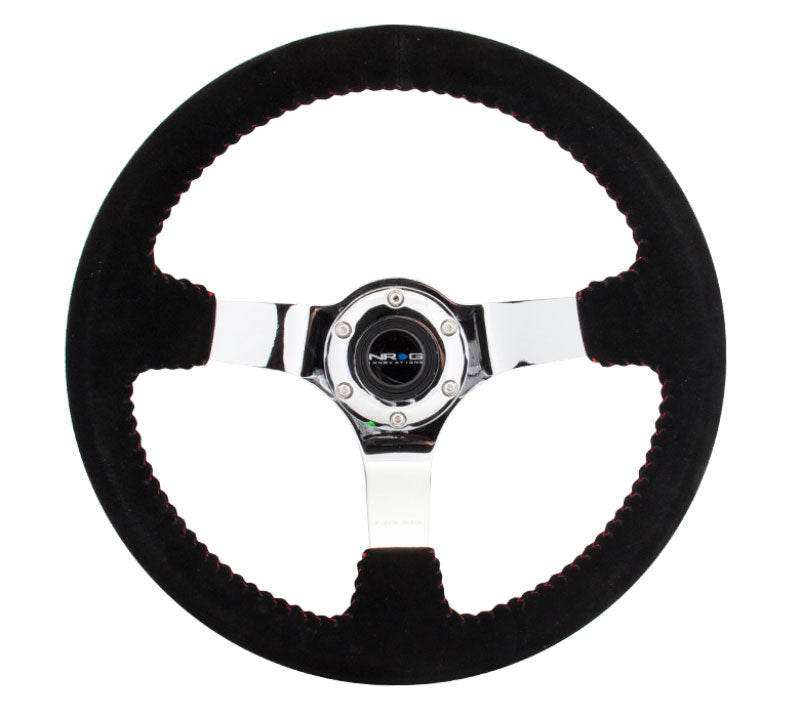 NRG - Reinforced Steering Wheel - 350mm sport steering wheel (3' deep) black Suede with red baseball stitching - CHROME spoke Steering Wheels - 3 Spokes Suede-RST-036CH-S - RZCrewEurope