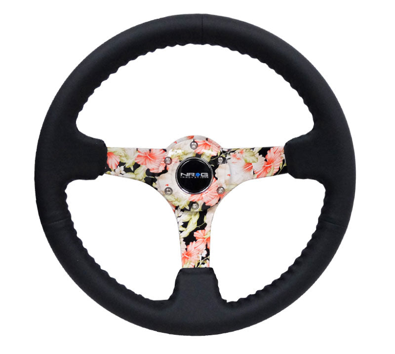 NRG - Reinforced Steering Wheel - Hydro Dipped Tropical Floral 3" Deep, 5mm spoke, 350mm Sport Steering Wheel Black Leather w/ Black baseball stitching Steering Wheels - 3 Spokes Leather-RST-036FL-R - RZCrewEurope