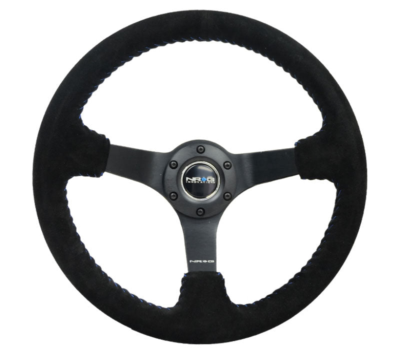 NRG - Reinforced Steering Wheel - 3" Deep, 5mm matte black spoke, 350mm Sport Steering Wheel Black suede w/ Blue baseball stitching Steering Wheels - 3 Spokes Suede-RST-036MB-S-BL - RZCrewEurope