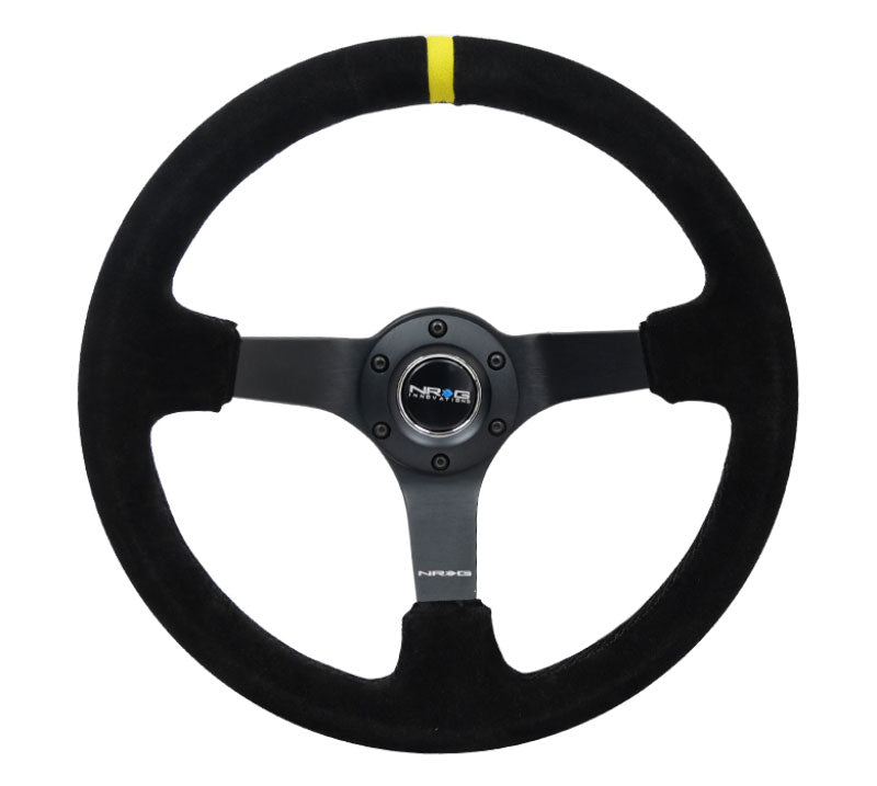 NRG - Reinforced Steering Wheel - 3" Deep, 5mm matte black spoke, 350mm Sport Steering Wheel Black suede w/ Black criss cross stitching and Yellow Center Mark Steering Wheels - 3 Spokes Suede-RST-036MB-S-Y - RZCrewEurope