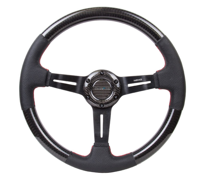 NRG - CARBON FIBER STEERING WHEEL W/ LEATHER ACCENT 350mm 1.5" DEEP RED STICHING Steering Wheels - 3 Spokes Carbon,Leather-ST-010CFRS - RZCrewEurope