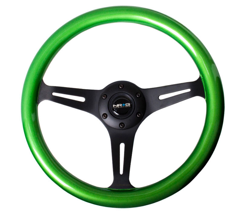 NRG - Classic Wood Grain Wheel, 350mm 3 black spokes, green pearl/flake paint Steering Wheels - 3 Spokes Wood-ST-015BK-GN - RZCrewEurope