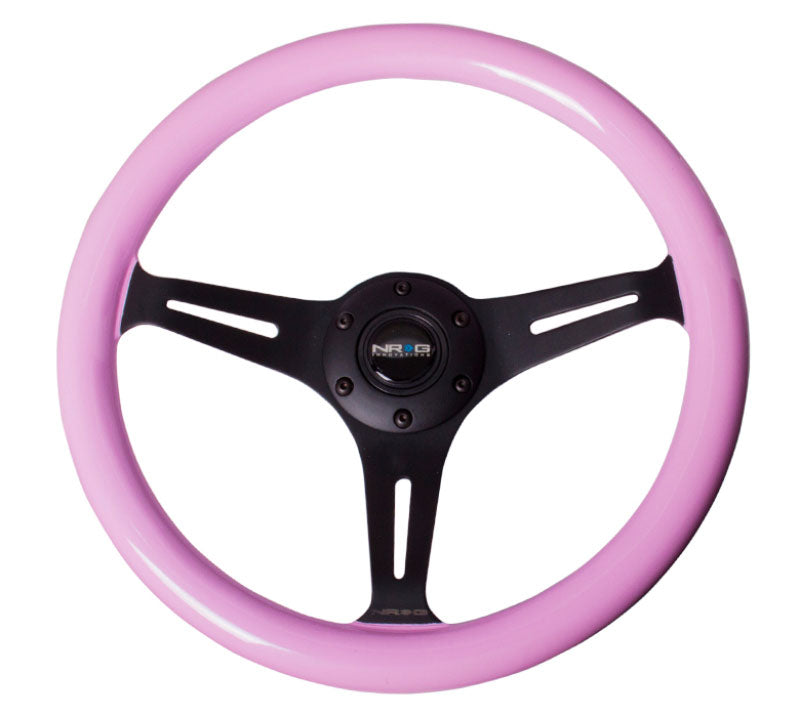 NRG - Classic Wood Grain Wheel, 350mm 3 black spokes, solid pink painted grip Steering Wheels - 3 Spokes Wood-ST-015BK-PK - RZCrewEurope