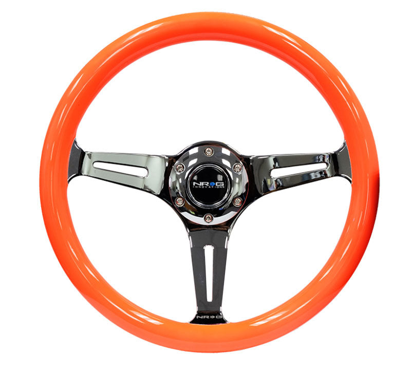 NRG - Classic Wood Grain Wheel, 350mm 3 chrome spokes- Neon ORANGE Color Steering Wheels - 3 Spokes Wood-ST-015CH-NOR - RZCrewEurope