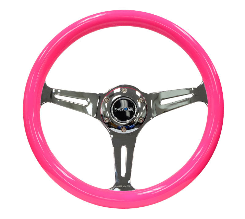NRG - Classic Wood Grain Wheel, 350mm 3 chrome spokes- Neon PINK Color Steering Wheels - 3 Spokes Wood-ST-015CH-NPK - RZCrewEurope