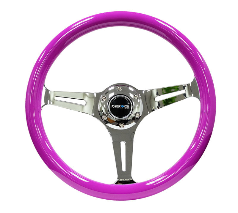 NRG - Classic Wood Grain Wheel, 350mm 3 chrome spokes- Neon PURPLE Color Steering Wheels - 3 Spokes Wood-ST-015CH-NPP - RZCrewEurope