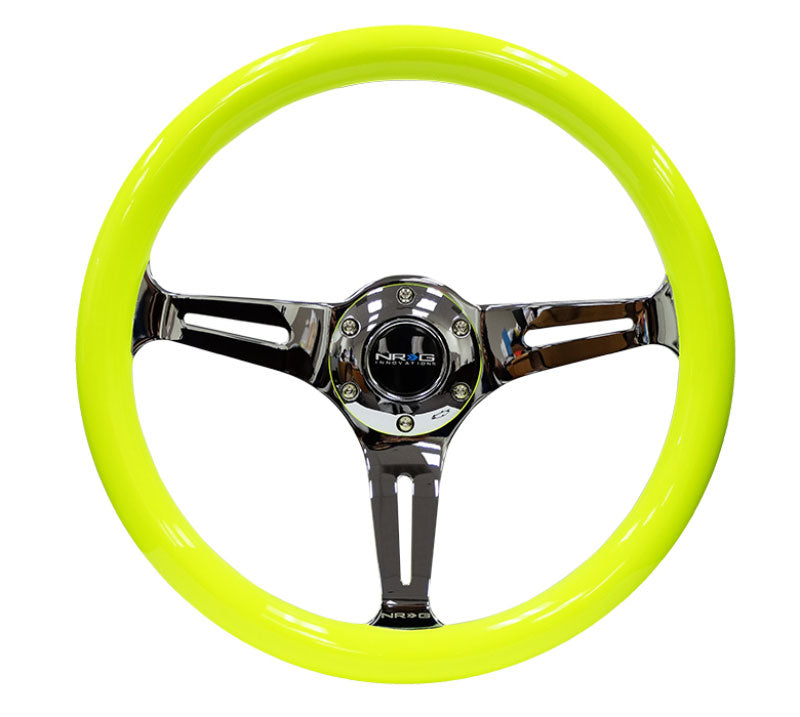 NRG - Classic Wood Grain Wheel, 350mm 3 chrome spokes-Neon YELLOW Color Steering Wheels - 3 Spokes Wood-ST-015CH-NYW - RZCrewEurope