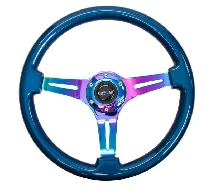 NRG - Classic Wood Grain Wheel, 350mm 3 Neochrome spokes, blue pearl/flake paint Steering Wheels - 3 Spokes Wood-ST-015MC-BL - RZCrewEurope