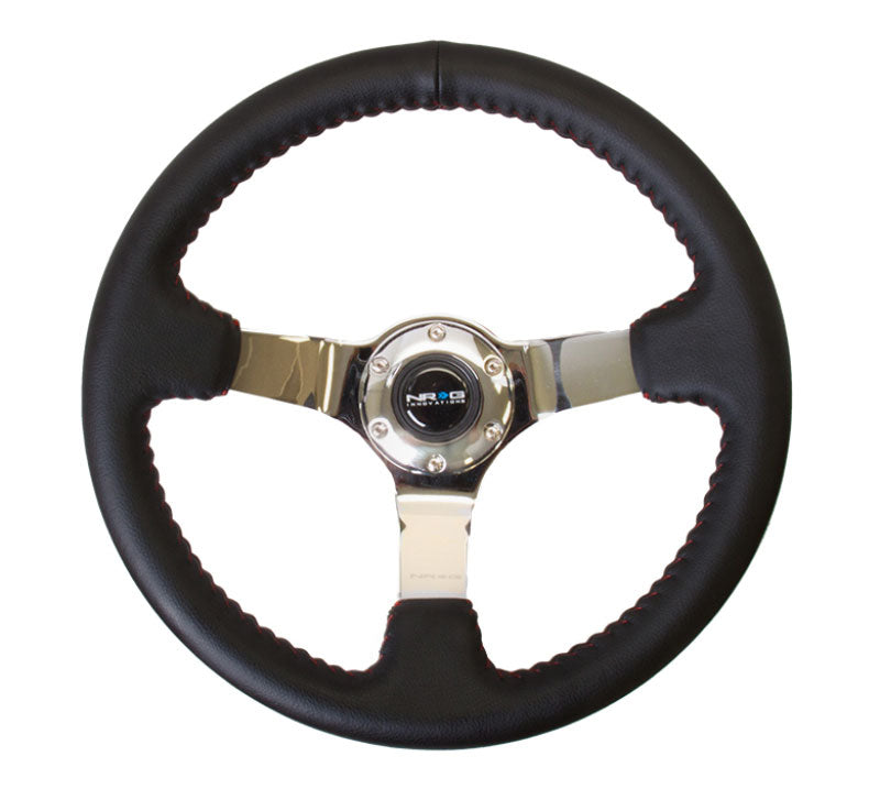 NRG - 350mm Sport wheel  - Black Leather, Red Baseball Stitch, Chrome spk - Yellow stripe Steering Wheels - 3 Spokes Leather-ST-036CH - RZCrewEurope