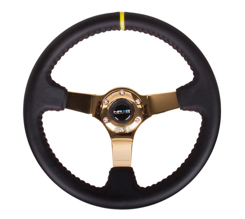 NRG - 350mm Sport wheel  - Black Leather, Red Baseball Stitch, Gold spoke - Yellow Stripe Steering Wheels - 3 Spokes Leather-ST-036GD-Y - RZCrewEurope