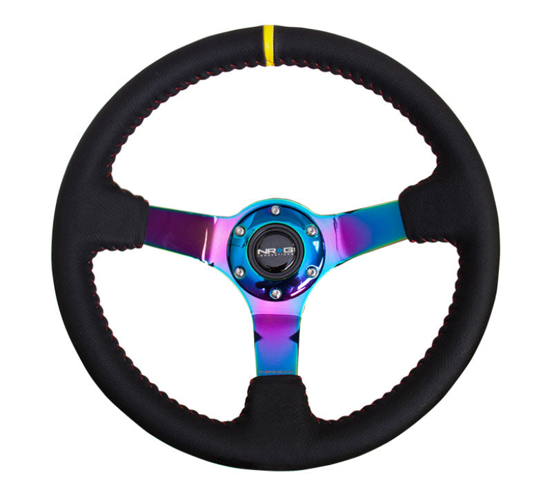 NRG - 350mm Sport wheel  - Black Leather, Red Baseball Stitch, Neochrome - Yellow stripe Steering Wheels - 3 Spokes Leather-ST-036MC-Y - RZCrewEurope