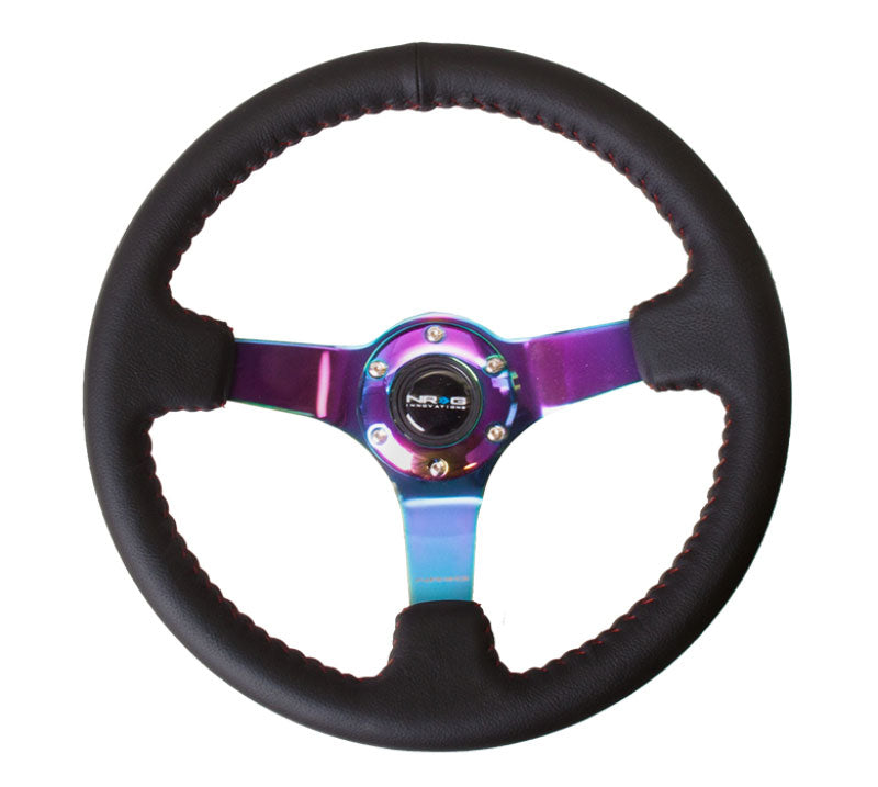 NRG - 350mm Sport wheel  - Black Leather, Red Baseball Stitch, Neochrome spokes Steering Wheels - 3 Spokes Leather-ST-036MC - RZCrewEurope