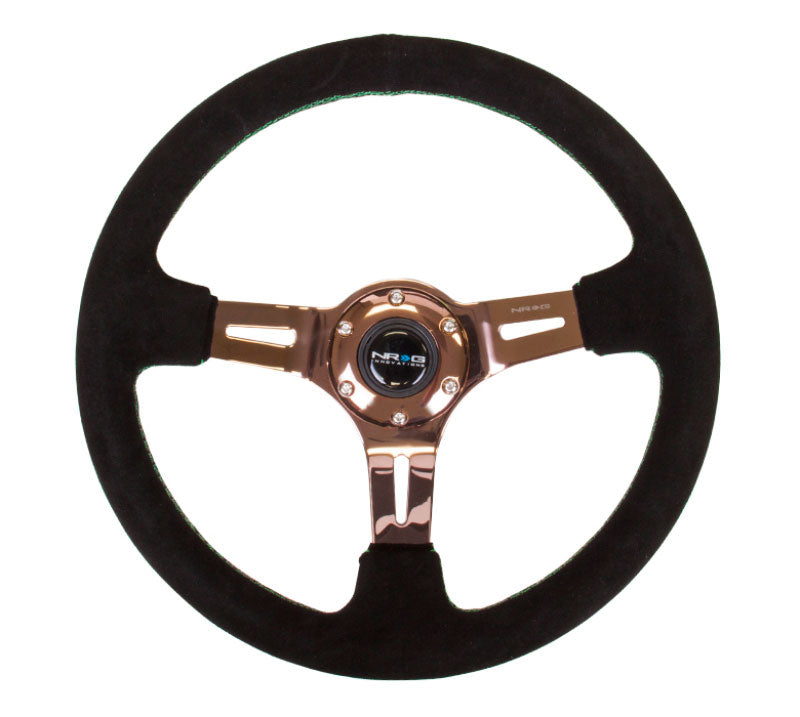 NRG - Black Suede Steering Wheel (3" Deep), 350mm, 3 spoke center in Rose Gold w/ Green Stitch Steering Wheels - 3 Spokes Suede-ST-055S-RGGS - RZCrewEurope