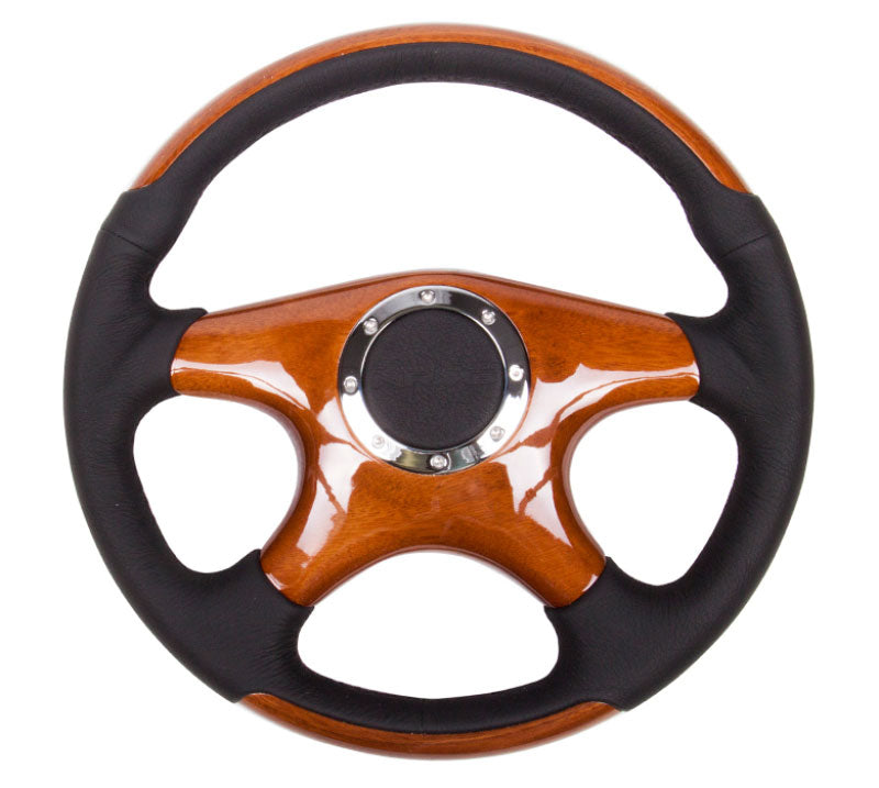 NRG - Classic Wood Grain Wheel, 350mm, 4 spoke center in Wood and Leather. Steering Wheels - 4 Spokes Wood-ST-085 - RZCrewEurope